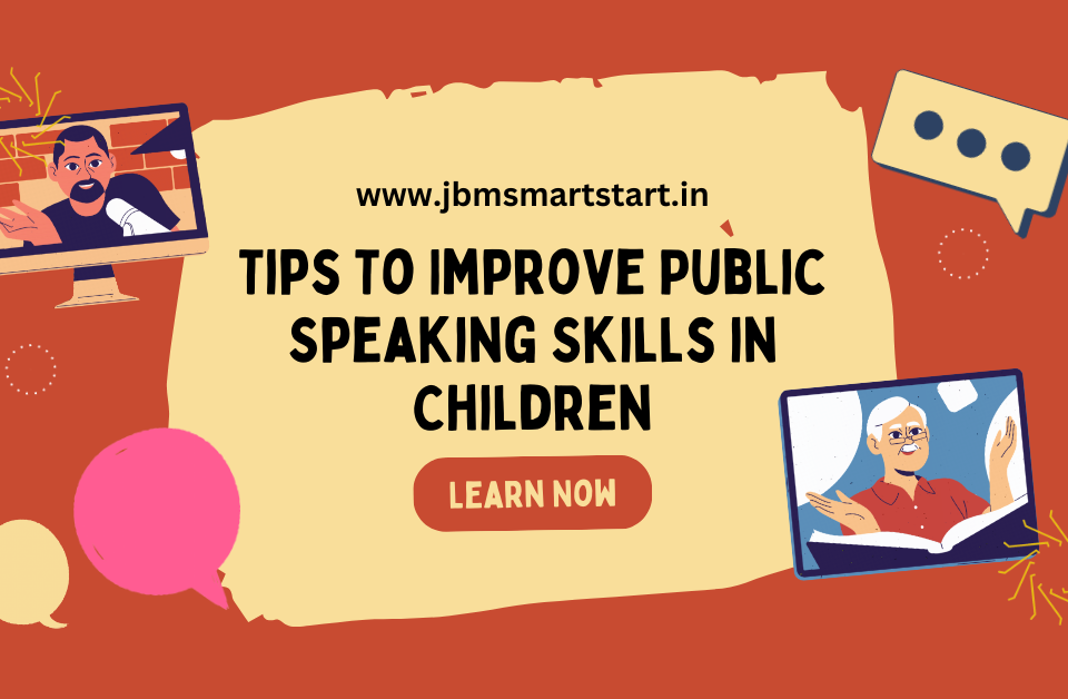 Computer screen displaying person giving a speech, with speech bubbles. Text: Tips to Improve Public Speaking Skills in Children