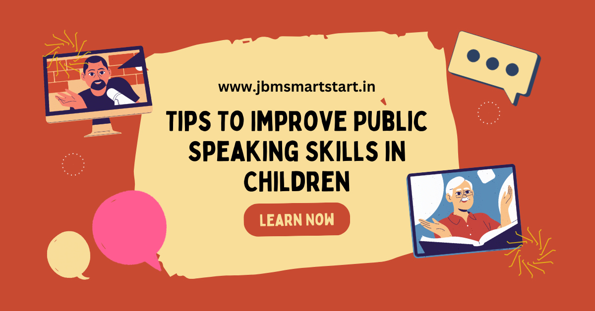 Computer screen displaying person giving a speech, with speech bubbles. Text: Tips to Improve Public Speaking Skills in Children