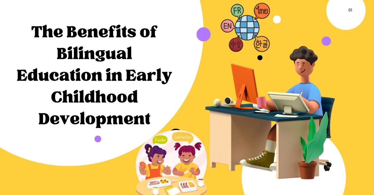 Illustration of a child learning multiple languages at a desk, emphasizing the benefits of bilingual education in early childhood development