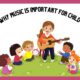 Illustration of a woman playing a guitar surrounded by children playing various musical instruments, with the text 'Top Reasons Why Music Is Important for Child Development' above them.