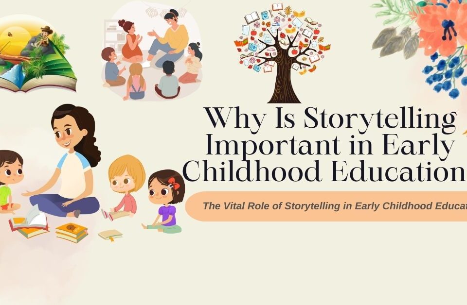 Illustration depicting the importance of storytelling in early childhood education, featuring a teacher narrating stories to children, with images of books, cultural traditions, and a tree of knowledge