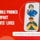 Illustration showing how mobile phones impact students' lives with two students using smartphones on a red background