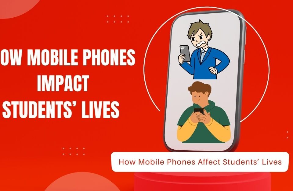 Illustration showing how mobile phones impact students' lives with two students using smartphones on a red background