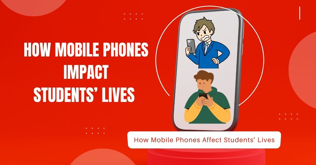 Illustration showing how mobile phones impact students' lives with two students using smartphones on a red background