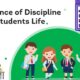 Illustration of students and study-related icons highlighting the importance of discipline in students' life.