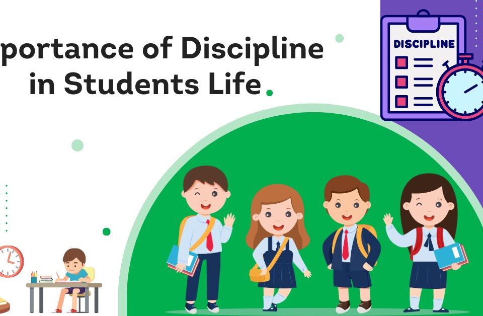 Illustration of students and study-related icons highlighting the importance of discipline in students' life.