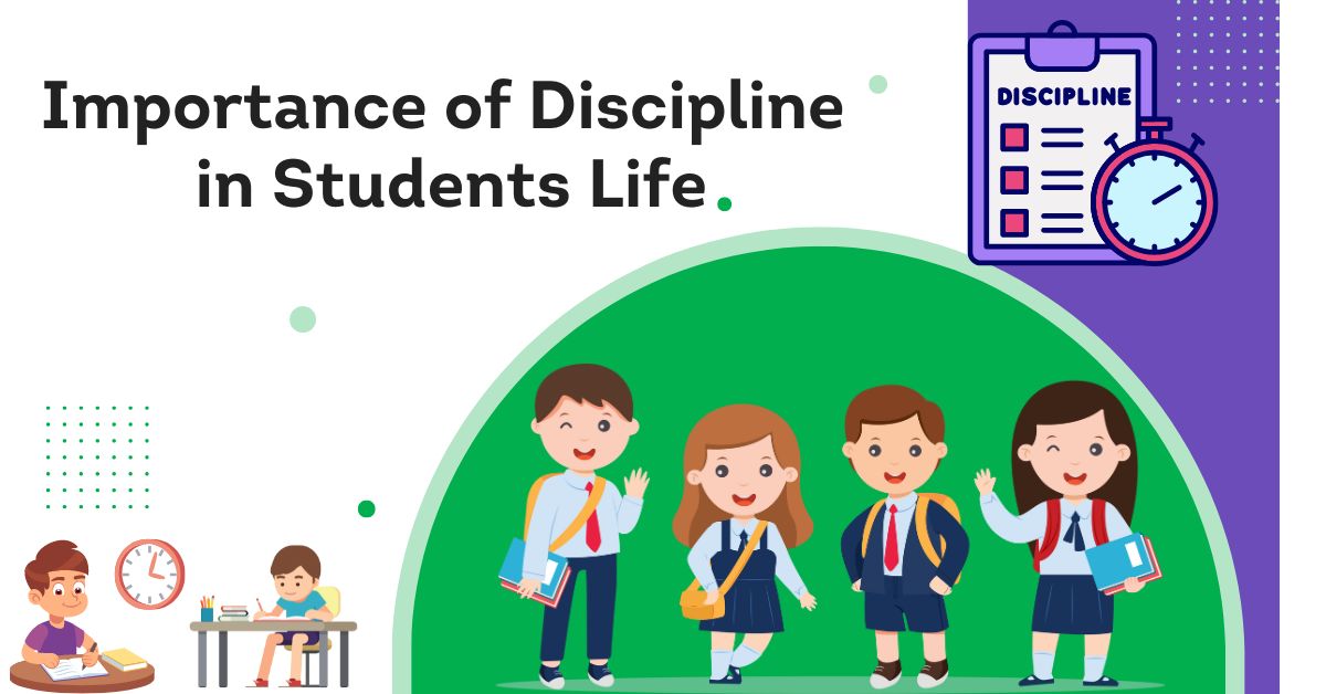 Illustration of students and study-related icons highlighting the importance of discipline in students' life.