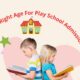 Two young children reading books with illustrations of a school and preschool activities, titled 'What Is The Right Age For Play School Admission?