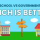 Comparison of private and government schools with a directional signpost in the middle, highlighting the question 'Which is better?