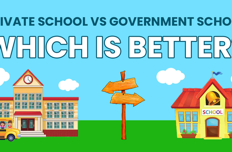 Comparison of private and government schools with a directional signpost in the middle, highlighting the question 'Which is better?