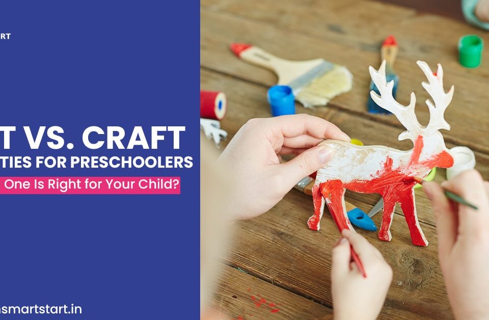 Children engaging in a hands-on craft activity, painting a wooden reindeer, with the text 'Art vs. Craft Activities for Preschoolers: Which One Is Right for Your Child?