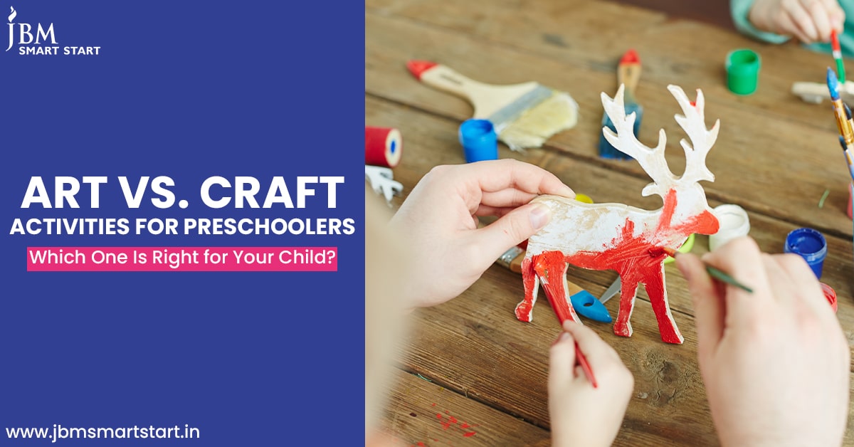 Children engaging in a hands-on craft activity, painting a wooden reindeer, with the text 'Art vs. Craft Activities for Preschoolers: Which One Is Right for Your Child?