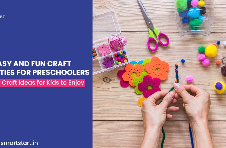 Banner with text 'Easy and Fun Craft Activities for Preschoolers' showcasing a crafting setup with colorful supplies.