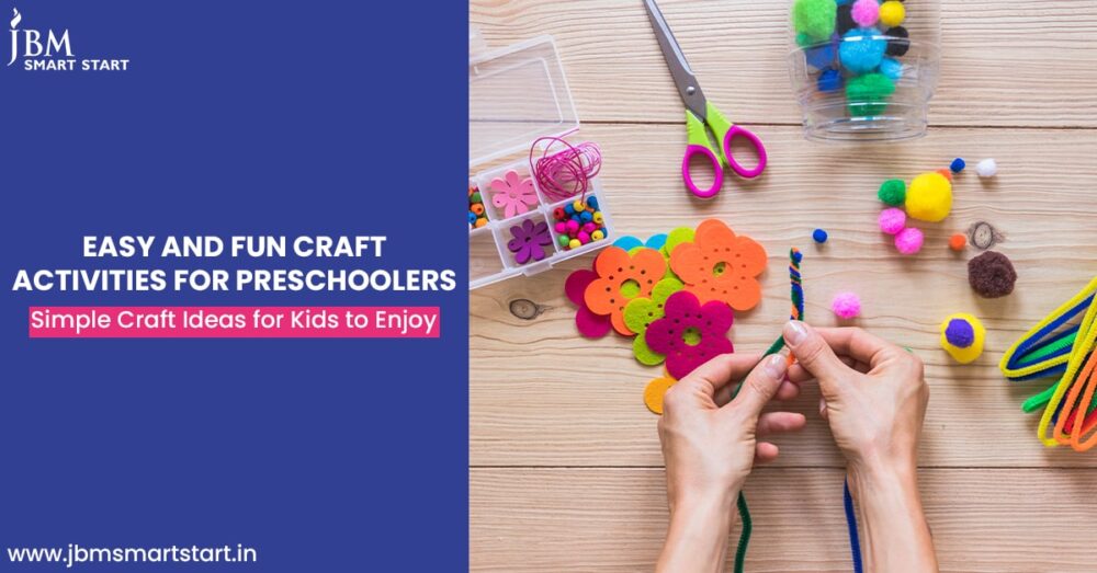 Banner with text 'Easy and Fun Craft Activities for Preschoolers' showcasing a crafting setup with colorful supplies.