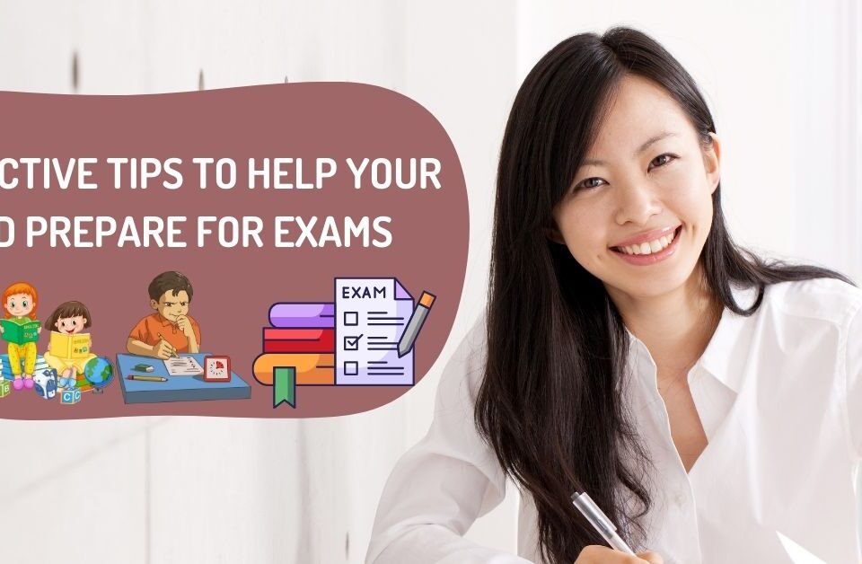 Smiling woman writing in a notebook with a study-themed banner that reads 'Effective Tips to Help Your Kid Prepare for Exams'.