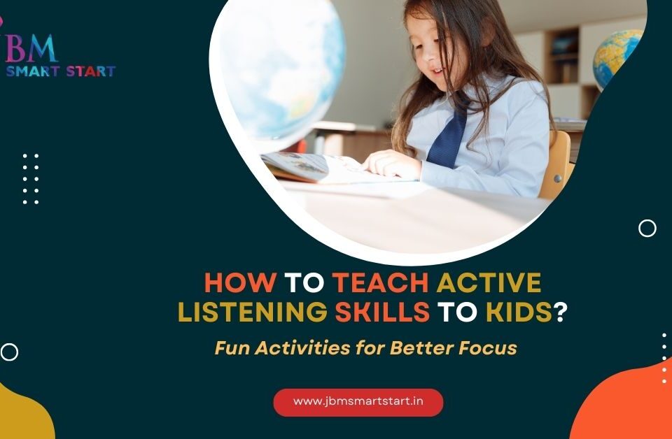 Young girl reading in class with a text overlay: 'How to Teach Active Listening Skills to Kids: Fun Activities for Better Focus'