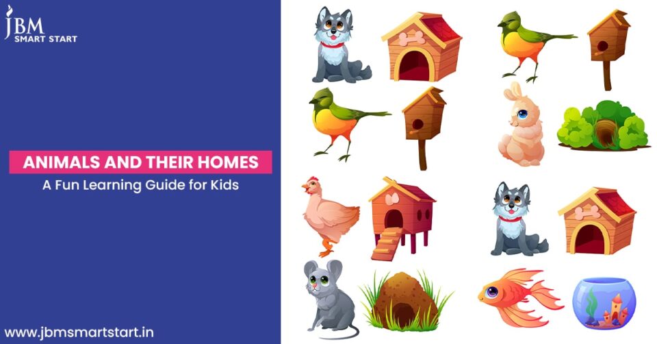 Animals and their homes chart for kids featuring dog, bird, rabbit, hen, mouse, and fish with their shelters.