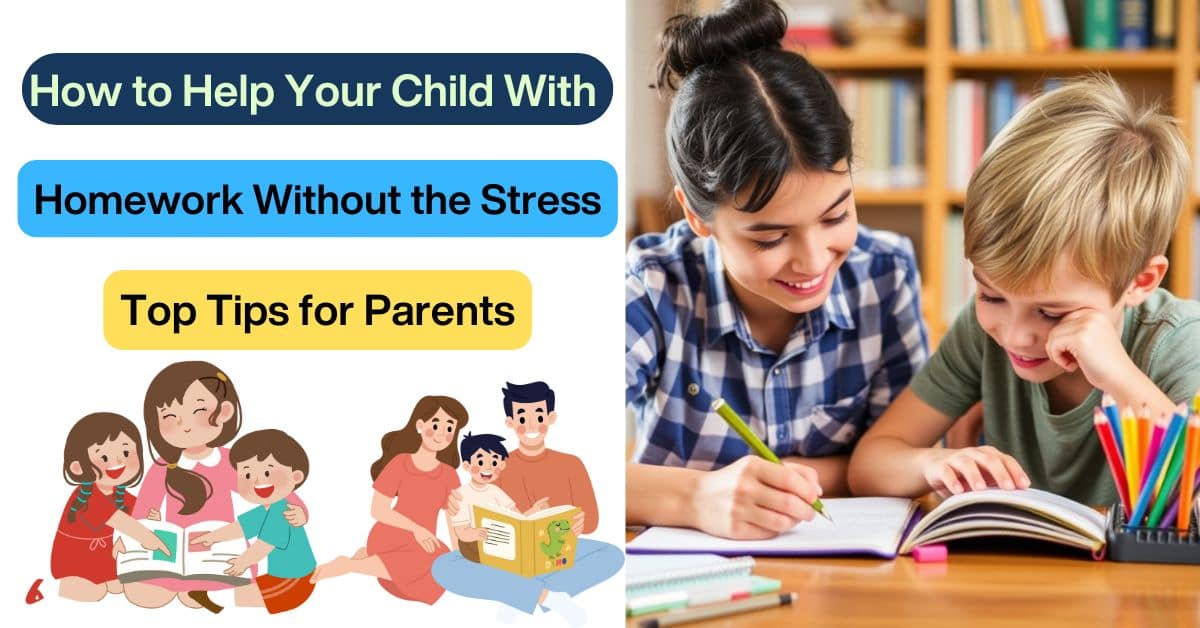 Alt: A mom helps her son with homework, both smiling, next to text: 'How to Help Your Child With Homework – Top Tips for Parents'.