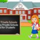 Cartoon of two happy school children walking in front of a private school building, with a chalkboard displaying the text “Benefits of Private Schools: Reasons Why Private Schools Are Good for Students.”