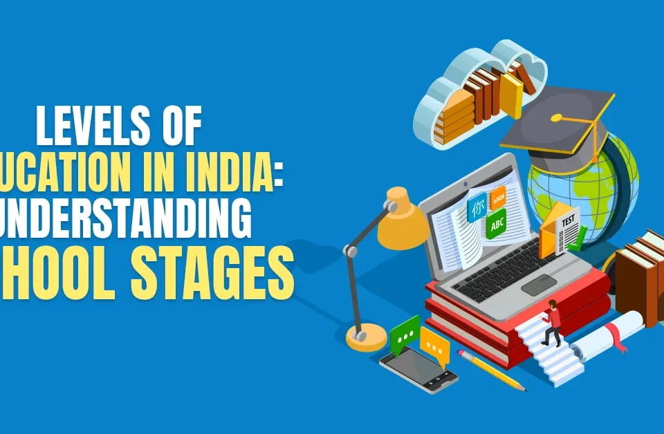 Illustration of Indian education system with books, laptop, graduation cap, and text "Levels of Education in India: Understanding School Stages"