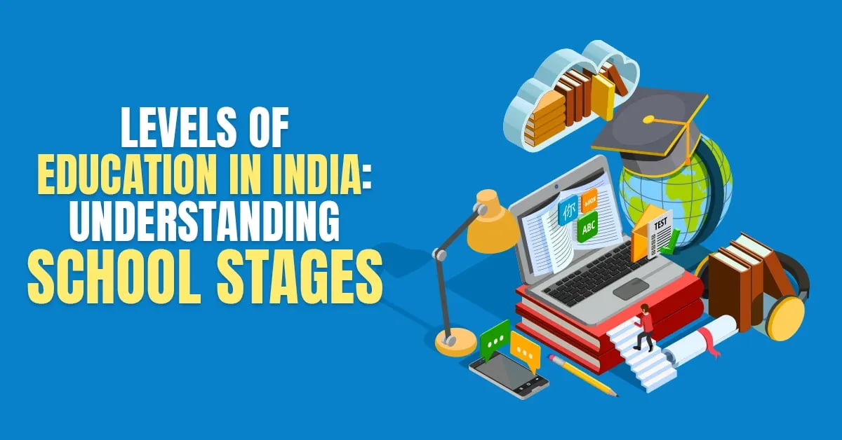 Illustration of Indian education system with books, laptop, graduation cap, and text "Levels of Education in India: Understanding School Stages"