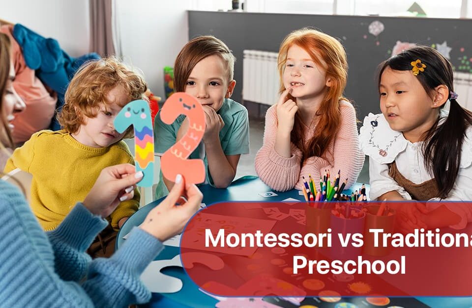Preschool teacher shows number cutouts to kids—illustrating Montessori vs traditional preschool learning styles.