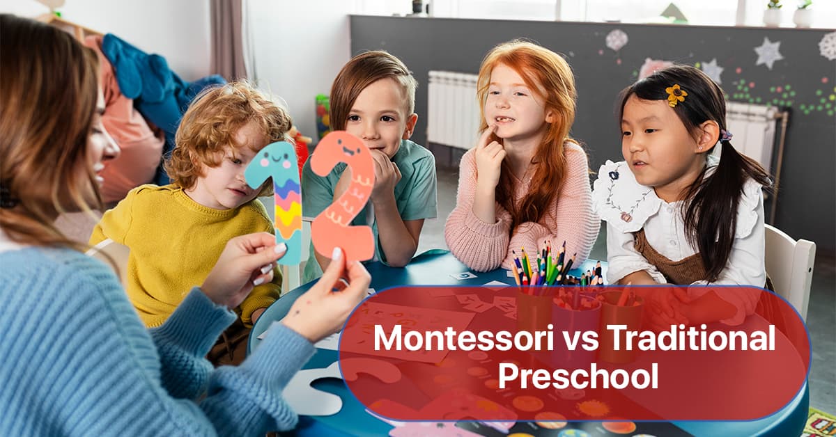 Preschool teacher shows number cutouts to kids—illustrating Montessori vs traditional preschool learning styles.