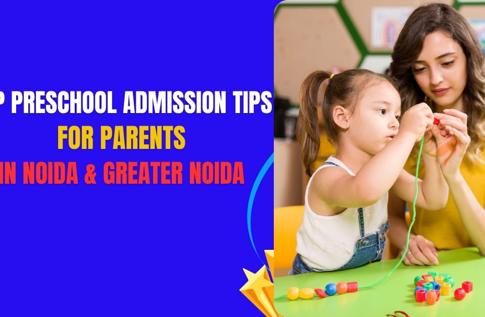 A mother helping her young daughter with a colorful bead activity at preschool, highlighting parent involvement in early education in Noida and Greater Noida.