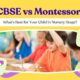 CBSE vs Montessori education comparison for nursery stage children with kids in classroom learning, building blocks, and educational icons.