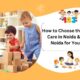 Children and a teacher engaged in block play in a bright day care classroom with educational toys and books, illustrating the concept of choosing the best day care in Noida and Greater Noida.