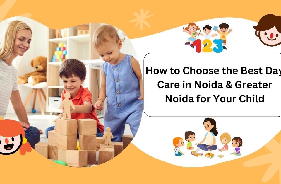 Children and a teacher engaged in block play in a bright day care classroom with educational toys and books, illustrating the concept of choosing the best day care in Noida and Greater Noida.