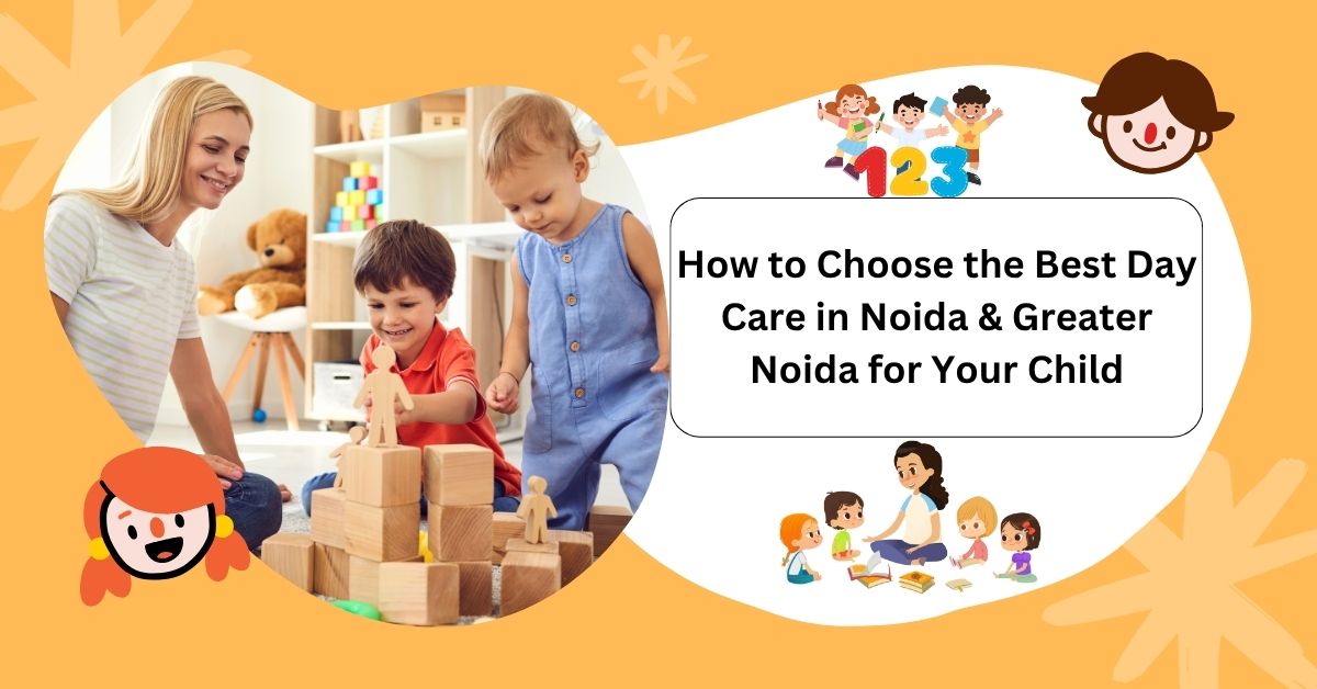Children and a teacher engaged in block play in a bright day care classroom with educational toys and books, illustrating the concept of choosing the best day care in Noida and Greater Noida.