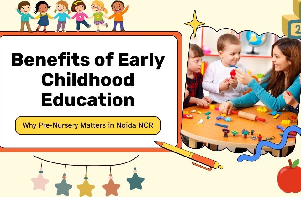Teacher engaging young children in a colorful classroom during pre-nursery activity, with text reading 'Benefits of Early Childhood Education – Why Pre-Nursery Matters in Noida NCR'