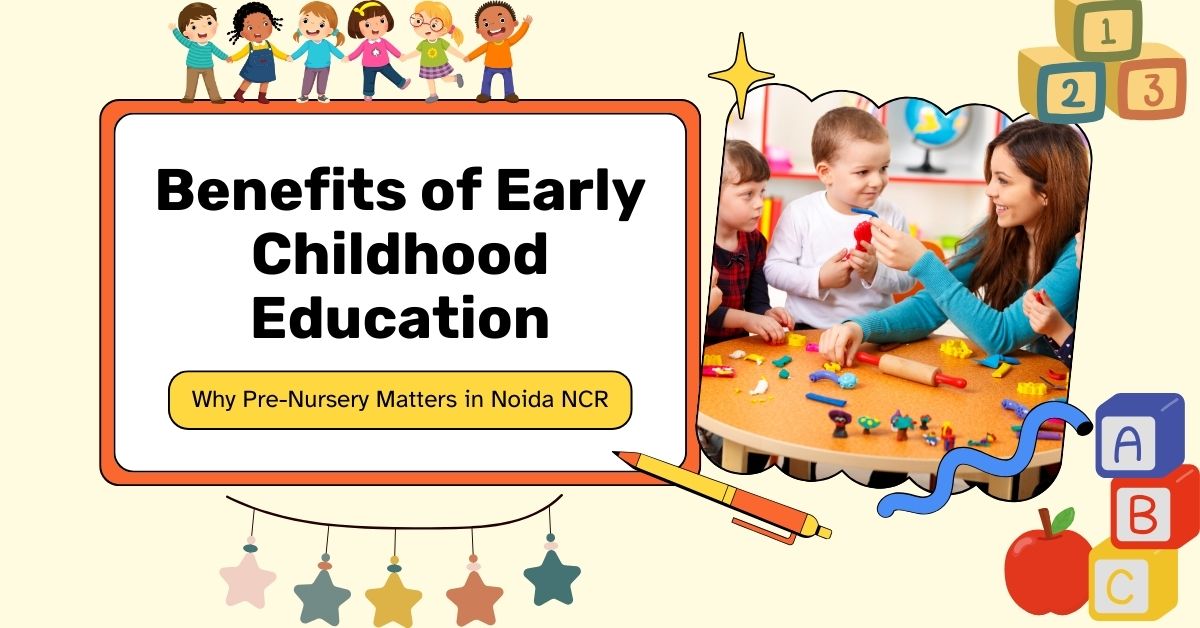Teacher engaging young children in a colorful classroom during pre-nursery activity, with text reading 'Benefits of Early Childhood Education – Why Pre-Nursery Matters in Noida NCR'