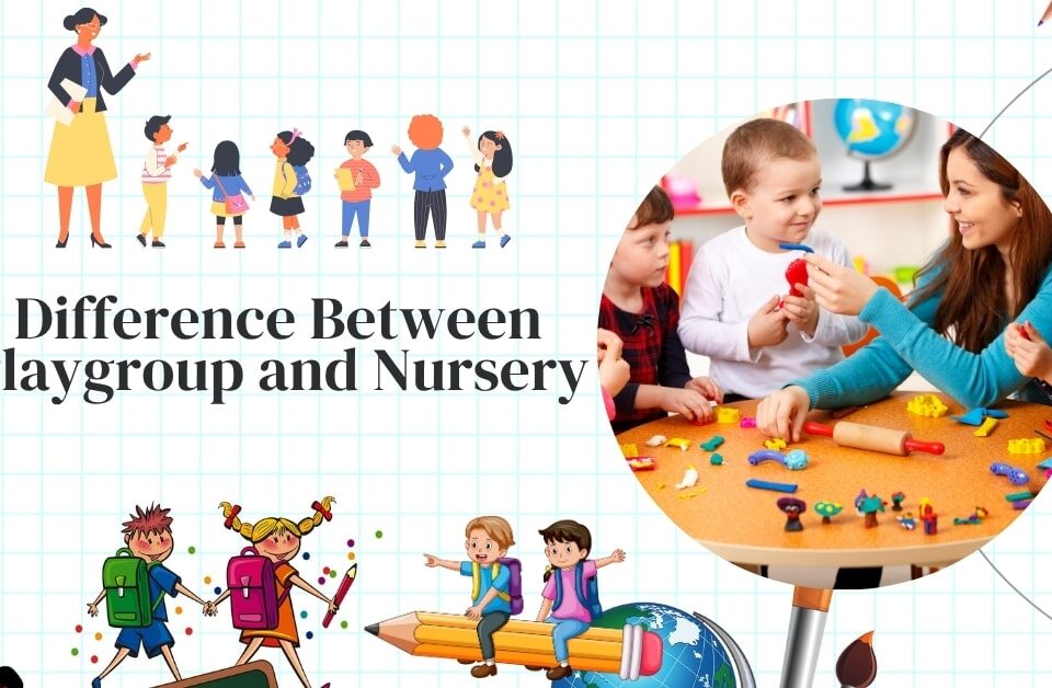 Illustration showing the difference between playgroup and nursery with children playing, a teacher interacting with kids, and colorful school-themed graphics on a grid background.