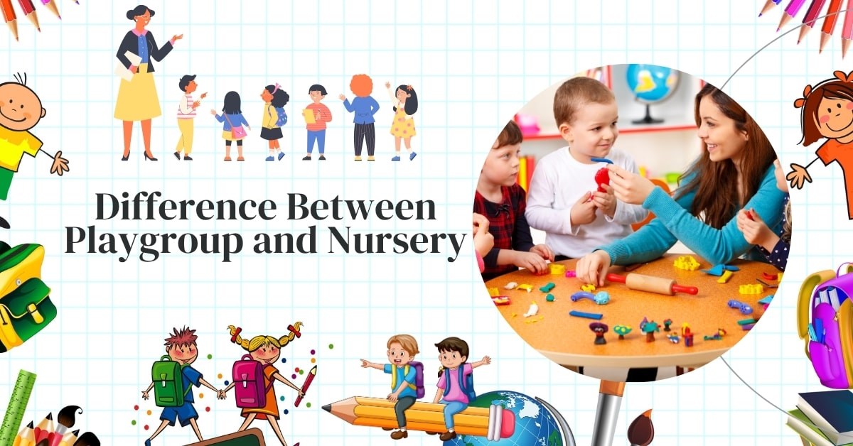 Illustration showing the difference between playgroup and nursery with children playing, a teacher interacting with kids, and colorful school-themed graphics on a grid background.