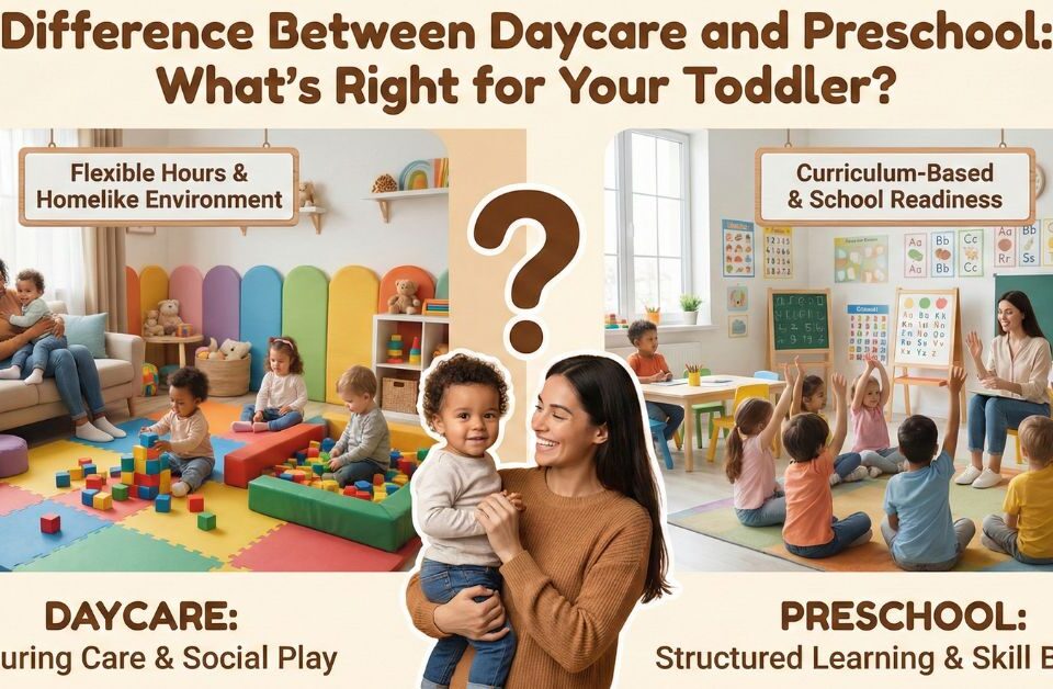 Feature image illustrating the key differences between daycare (nurturing care and flexible hours) versus preschool (structured learning and school readiness) environments for toddlers.