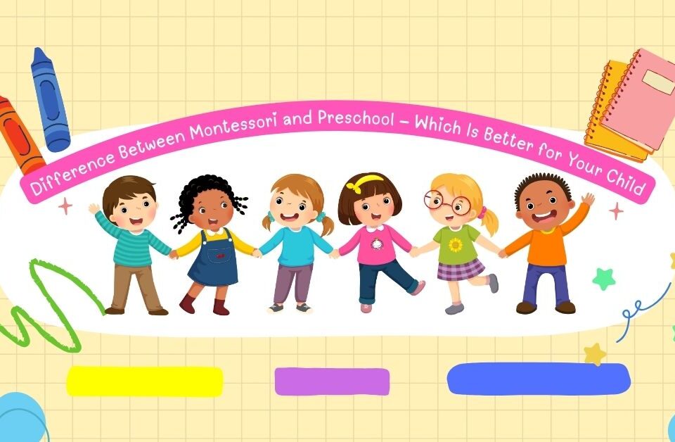 Illustration of happy preschool and Montessori children holding hands with colourful school elements, representing the difference between Montessori and preschool.