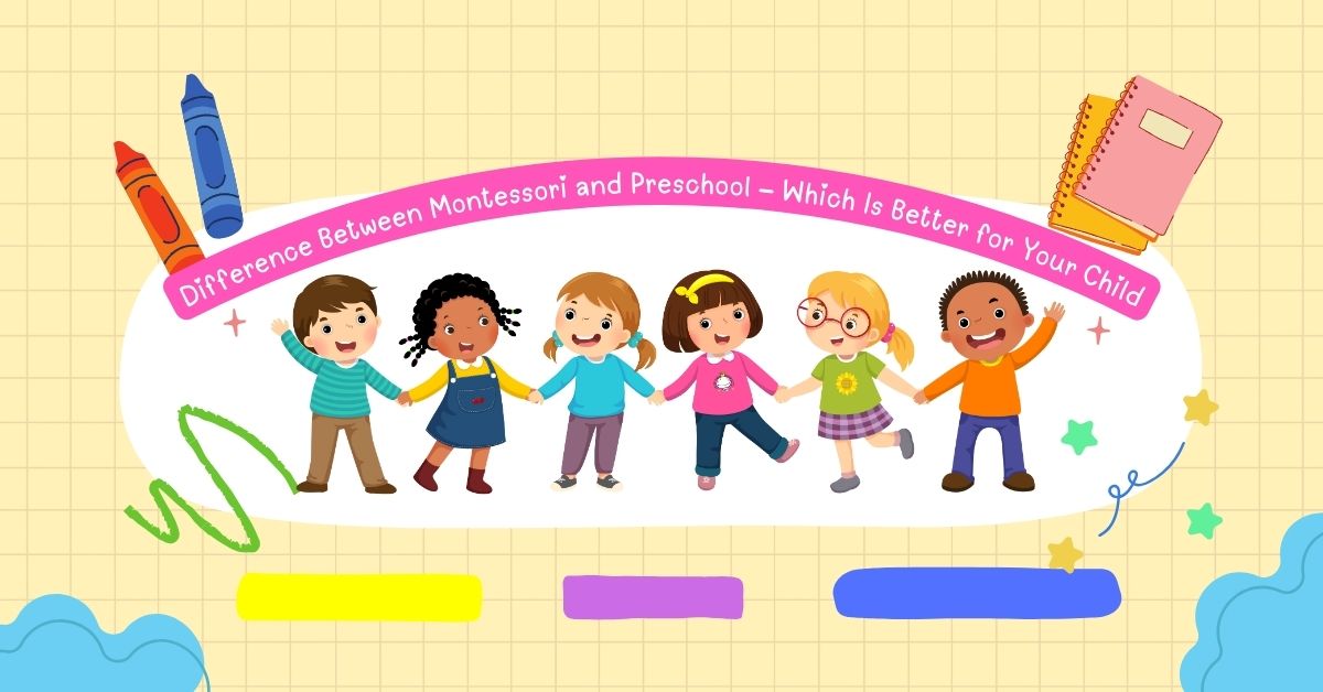 Illustration of happy preschool and Montessori children holding hands with colourful school elements, representing the difference between Montessori and preschool.