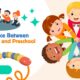 Difference between playschool and preschool illustrated with happy children in a circle and toddlers engaging in group activities
