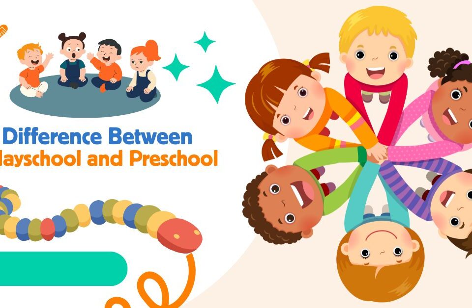 Difference between playschool and preschool illustrated with happy children in a circle and toddlers engaging in group activities