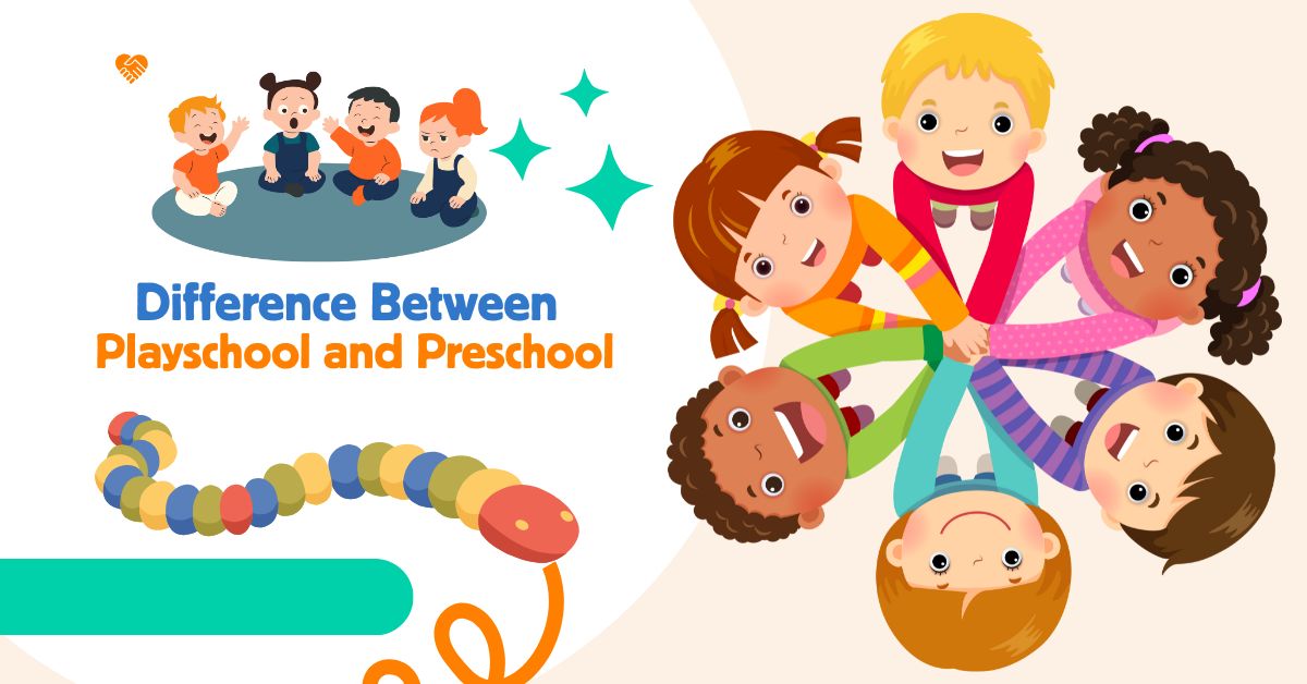 Difference between playschool and preschool illustrated with happy children in a circle and toddlers engaging in group activities