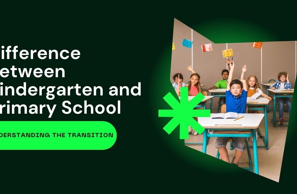 Children sitting in a classroom raising their hands, showing the difference between kindergarten and primary school learning