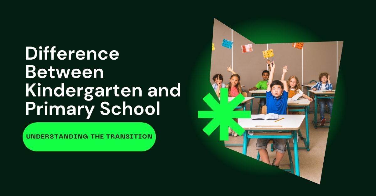 Children sitting in a classroom raising their hands, showing the difference between kindergarten and primary school learning