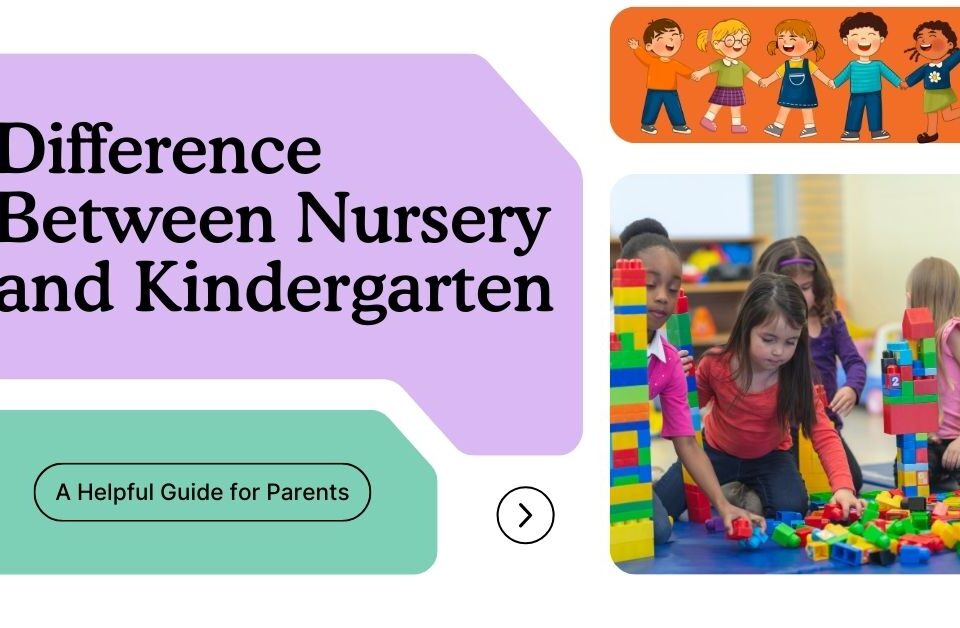 Young children playing with colorful building blocks in a classroom, showing the difference between nursery and kindergarten