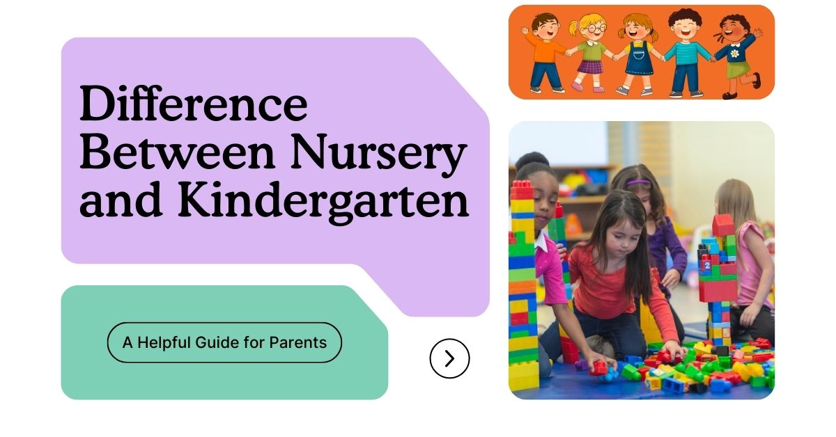 Young children playing with colorful building blocks in a classroom, showing the difference between nursery and kindergarten
