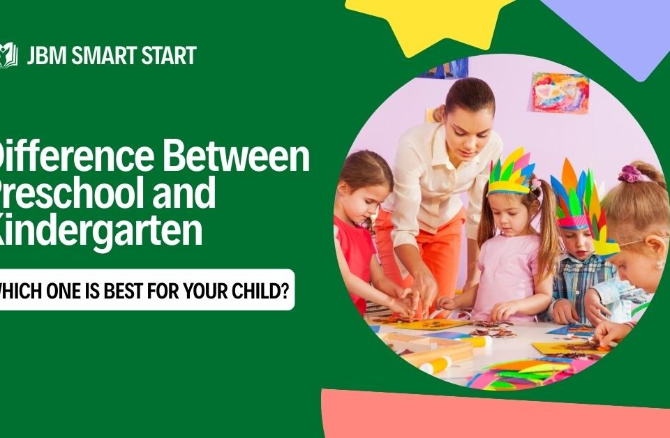 Teacher guiding young children in a classroom while explaining the difference between preschool and kindergarten