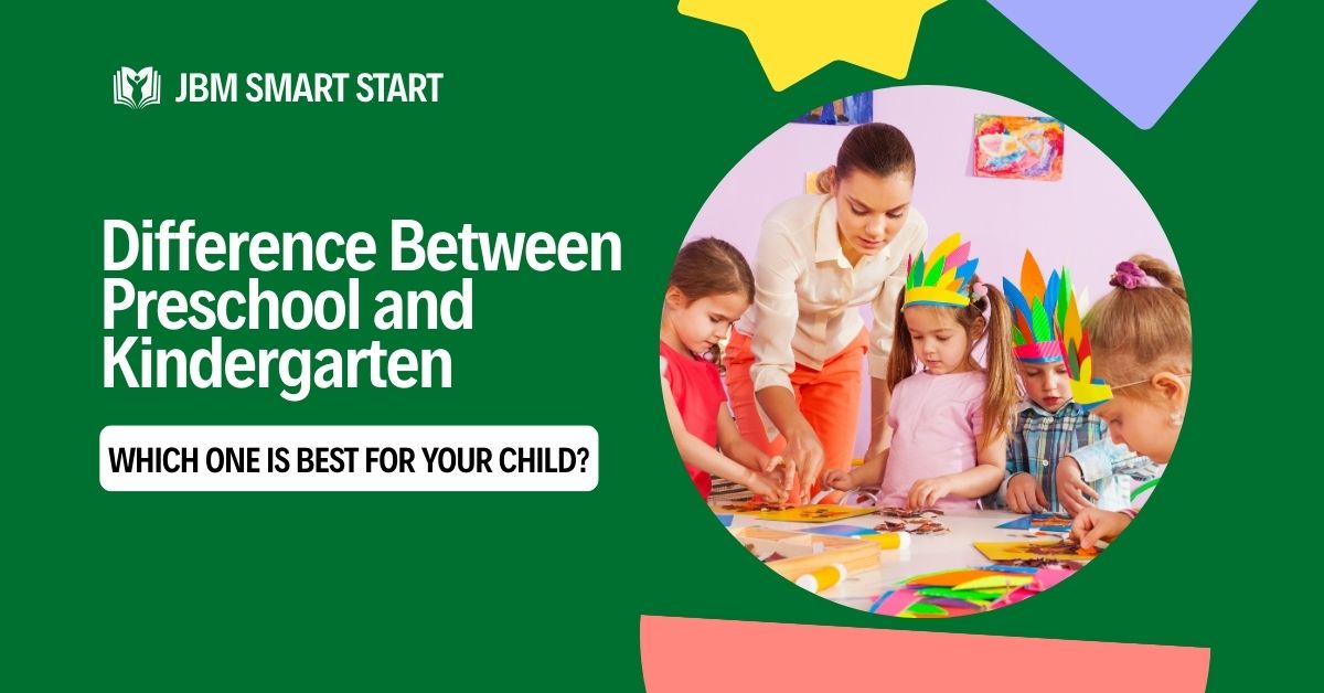 Teacher guiding young children in a classroom while explaining the difference between preschool and kindergarten