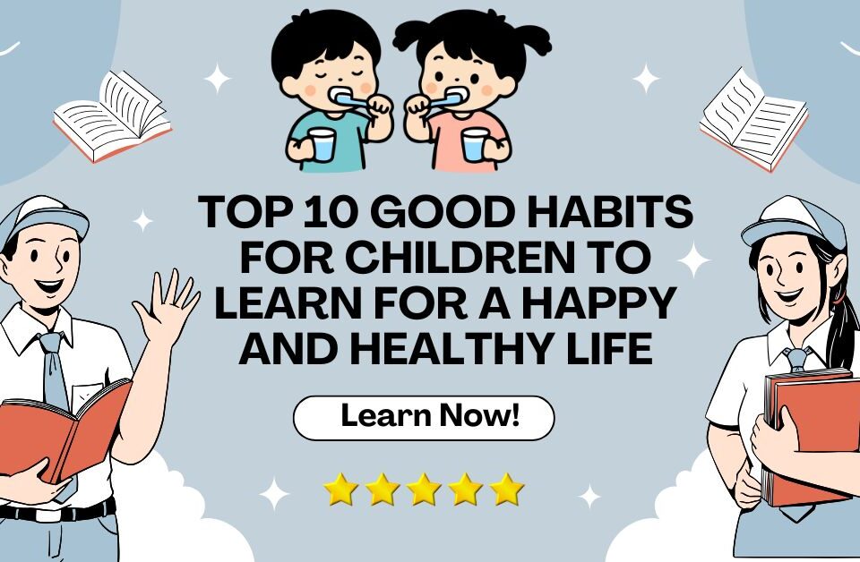 Illustration showing children learning good habits like brushing teeth, reading books, and studying to live a happy and healthy life