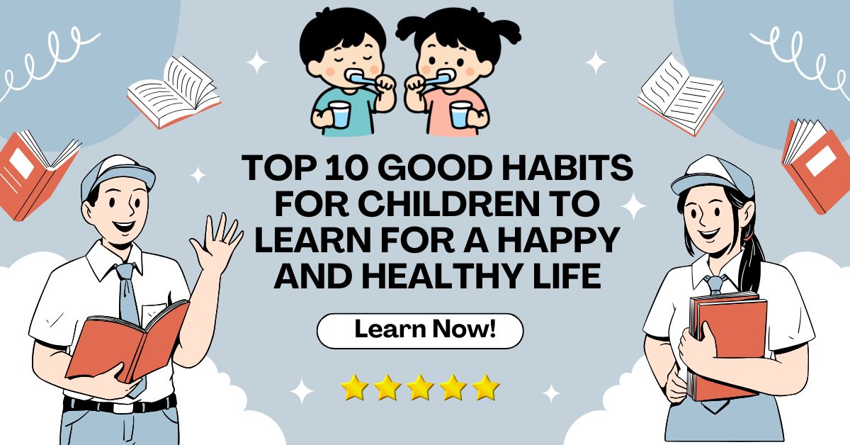 Illustration showing children learning good habits like brushing teeth, reading books, and studying to live a happy and healthy life